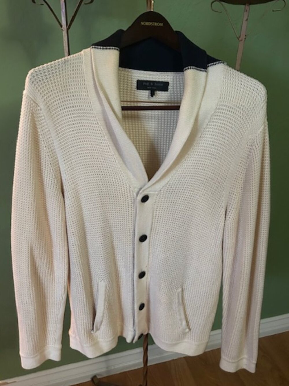 Rag & Bone Men’s Knit Cardigan – Size L | Beige & Navy | Premium Layer